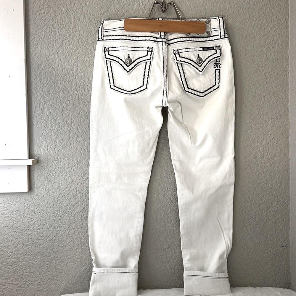 Miss Me Signature Cuffed Skinny White Jeans Tick Black Stitching Flap Pockets 30